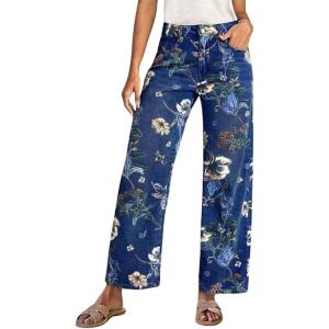 imageCHOUYATOU Womens Vintage Floral Printed Barrel Jeans Y2k Boyfriend Wide Leg Denim Pants with PocketsDark Blue