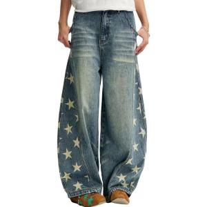imagechouyatou Womens 2025 Boyfriend Baggy Barrel Jeans Star Pattern Y2K Casual Wide Leg Mid Rise Denim PantsBlue