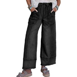 imagechouyatou Womens 2025 Boyfriend Wide Leg Jeans Drawstring High Waist Wide Leg Ankle Denim PantsBlack