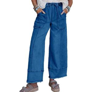 imagechouyatou Womens 2025 Boyfriend Wide Leg Jeans Drawstring High Waist Wide Leg Ankle Denim PantsDark Blue