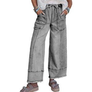 imagechouyatou Womens 2025 Boyfriend Wide Leg Jeans Drawstring High Waist Wide Leg Ankle Denim PantsGrey
