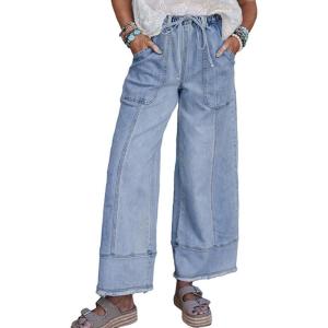 imagechouyatou Womens 2025 Boyfriend Wide Leg Jeans Drawstring High Waist Wide Leg Ankle Denim PantsLight Blue