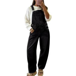 imagechouyatou Womens Baggy Adjustable Strap Denim Bib Overalls Barrel Jeans Casual Loose Wide Leg Denim Pant JumpsuitsBlack