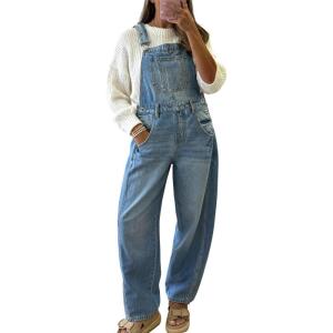 imagechouyatou Womens Baggy Adjustable Strap Denim Bib Overalls Barrel Jeans Casual Loose Wide Leg Denim Pant JumpsuitsBlue
