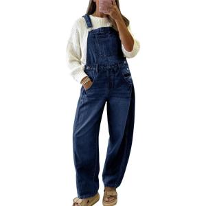 imagechouyatou Womens Baggy Adjustable Strap Denim Bib Overalls Barrel Jeans Casual Loose Wide Leg Denim Pant JumpsuitsDark Blue