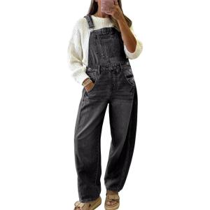 imagechouyatou Womens Baggy Adjustable Strap Denim Bib Overalls Barrel Jeans Casual Loose Wide Leg Denim Pant JumpsuitsGrey