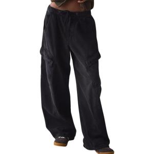 imagechouyatou Womens Boyfriend High Waisted Drawstring Jeans Vintage Wide Leg Denim Pants with PocketsBlack