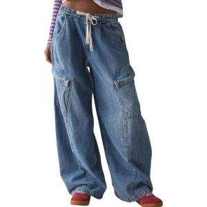 imagechouyatou Womens Boyfriend High Waisted Drawstring Jeans Vintage Wide Leg Denim Pants with PocketsBlue