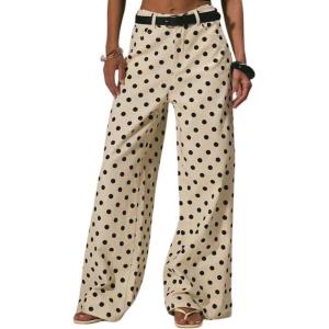 imagechouyatou Womens Boyfriend Polka Dot Wide Leg Jeans Y2K Casual Mid Rise Denim Pants with PocketsBeige