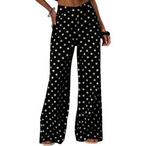 imagechouyatou Womens Boyfriend Polka Dot Wide Leg Jeans Y2K Casual Mid Rise Denim Pants with PocketsBlack