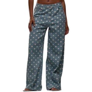 imagechouyatou Womens Boyfriend Polka Dot Wide Leg Jeans Y2K Casual Mid Rise Denim Pants with PocketsLight Blue