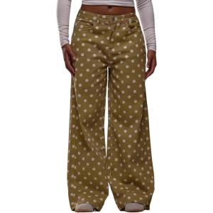 imagechouyatou Womens Boyfriend Polka Dot Wide Leg Jeans Y2K Casual Mid Rise Denim Pants with PocketsMustard