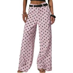 imagechouyatou Womens Boyfriend Polka Dot Wide Leg Jeans Y2K Casual Mid Rise Denim Pants with PocketsPink