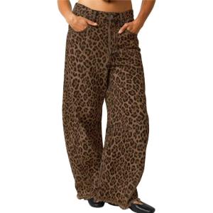 imagechouyatou Womens Y2K Boyfriend Leopard Print Barrel Jeans Distressed Vintage Wide Leg Denim PantsClassic Leopard