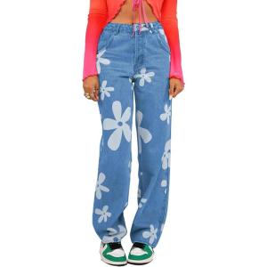 imagechouyatou Womens Y2K Straight Leg Floral Printed Jeans High Waisted Relax Fit Boyfriend Denim PantsBlue