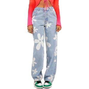 imagechouyatou Womens Y2K Straight Leg Floral Printed Jeans High Waisted Relax Fit Boyfriend Denim PantsLight Blue