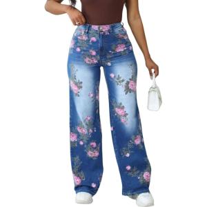 imagechouyatou Womens Y2K Wide Leg Floral Printed Jeans High Waisted Button Down Baggy Denim PantsBlue
