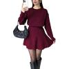 imagechouyatou Womens 2 Piece Sweater Skirt Set Crewneck Pullover Sweater Pleated Mini Skirt Matching OutfitsWine Red