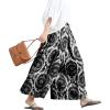 imagechouyatou Womens Loose Floral Printed Cotton Crop Pants Elastic Waist Wide Leg Palazzo TrousersBlack