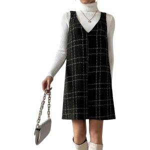 imagechouyatou Women Elegant A Line Tweed Pinafore Dress V Neck Sleeveless Plaid Mini Short Overall Vest DressBlack