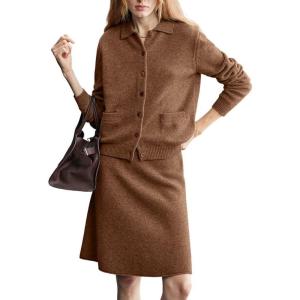 imagechouyatou Womens 2 Piece Sweater Skirt Set Button Down Lapel Cardigan Midi Skirt Sets Travel Matching OutfitsBrown