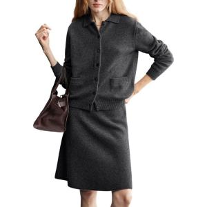 imagechouyatou Womens 2 Piece Sweater Skirt Set Button Down Lapel Cardigan Midi Skirt Sets Travel Matching OutfitsDark Gray