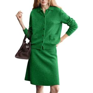 imagechouyatou Womens 2 Piece Sweater Skirt Set Button Down Lapel Cardigan Midi Skirt Sets Travel Matching OutfitsGreen