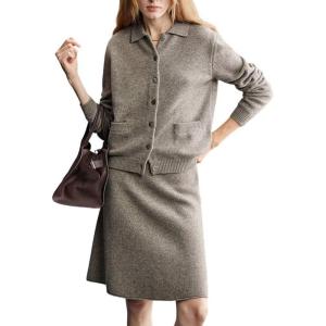 imagechouyatou Womens 2 Piece Sweater Skirt Set Button Down Lapel Cardigan Midi Skirt Sets Travel Matching OutfitsKhaki