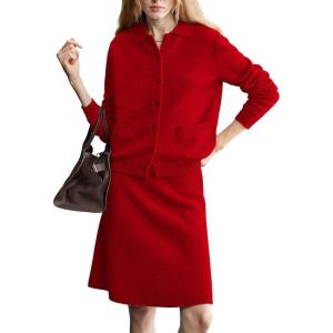 imagechouyatou Womens 2 Piece Sweater Skirt Set Button Down Lapel Cardigan Midi Skirt Sets Travel Matching OutfitsRed