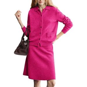 imagechouyatou Womens 2 Piece Sweater Skirt Set Button Down Lapel Cardigan Midi Skirt Sets Travel Matching OutfitsRose Red