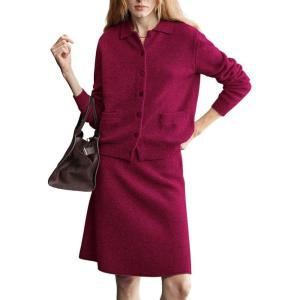 imagechouyatou Womens 2 Piece Sweater Skirt Set Button Down Lapel Cardigan Midi Skirt Sets Travel Matching OutfitsWine Red