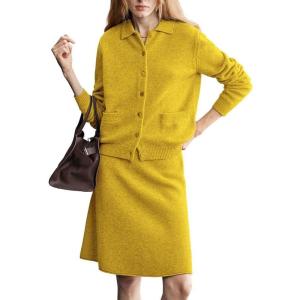 imagechouyatou Womens 2 Piece Sweater Skirt Set Button Down Lapel Cardigan Midi Skirt Sets Travel Matching OutfitsYellow