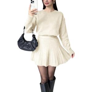 imagechouyatou Womens 2 Piece Sweater Skirt Set Crewneck Pullover Sweater Pleated Mini Skirt Matching OutfitsBeige White