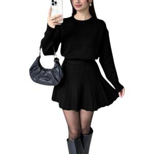 imagechouyatou Womens 2 Piece Sweater Skirt Set Crewneck Pullover Sweater Pleated Mini Skirt Matching OutfitsBlack
