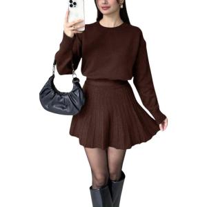 imagechouyatou Womens 2 Piece Sweater Skirt Set Crewneck Pullover Sweater Pleated Mini Skirt Matching OutfitsCoffee