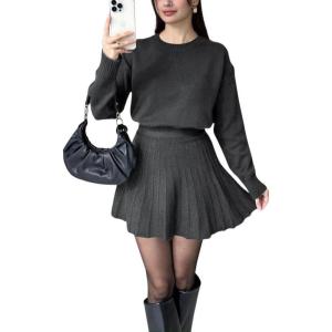 imagechouyatou Womens 2 Piece Sweater Skirt Set Crewneck Pullover Sweater Pleated Mini Skirt Matching OutfitsDark Gray