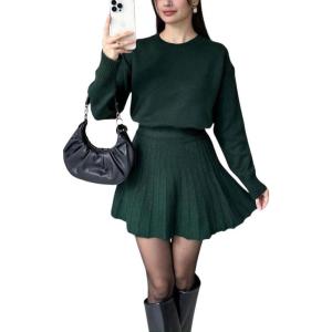 imagechouyatou Womens 2 Piece Sweater Skirt Set Crewneck Pullover Sweater Pleated Mini Skirt Matching OutfitsDark Green