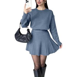 imagechouyatou Womens 2 Piece Sweater Skirt Set Crewneck Pullover Sweater Pleated Mini Skirt Matching OutfitsLight Gray