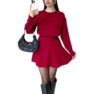 imagechouyatou Womens 2 Piece Sweater Skirt Set Crewneck Pullover Sweater Pleated Mini Skirt Matching OutfitsRed