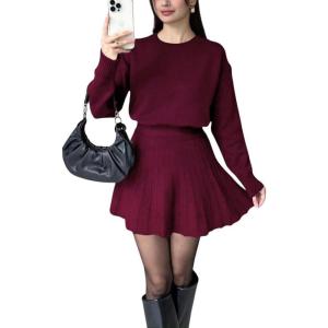 imagechouyatou Womens 2 Piece Sweater Skirt Set Crewneck Pullover Sweater Pleated Mini Skirt Matching OutfitsWine Red