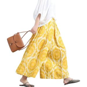 imagechouyatou Womens Loose Floral Printed Cotton Crop Pants Elastic Waist Wide Leg Palazzo TrousersYellow