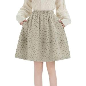 imagechouyatou Womens Wool Floral Pattern A Line Midi Skirt Elastic Waist Knee Length Wool Short Skirt with PocketsFloral Apricot