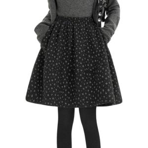 imagechouyatou Womens Wool Floral Pattern A Line Midi Skirt Elastic Waist Knee Length Wool Short Skirt with PocketsFloral Black