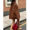 imagechouyatou Womens Fall Boyfriend Faux Suede Leather Jacket Casual Midi Long Button Down Shacket CoatBrown