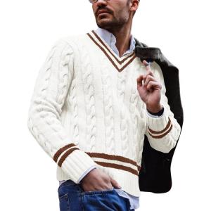 imagechouyatou Mens Casual V Neck Contrast Stripes Cable Knit Pullover Sweater TopsBeige White