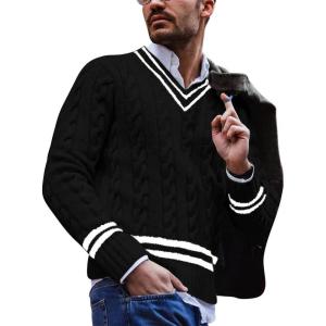 imagechouyatou Mens Casual V Neck Contrast Stripes Cable Knit Pullover Sweater TopsBlack