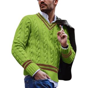 imagechouyatou Mens Casual V Neck Contrast Stripes Cable Knit Pullover Sweater TopsGreen
