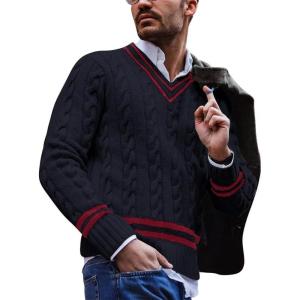 imagechouyatou Mens Casual V Neck Contrast Stripes Cable Knit Pullover Sweater TopsNavy Blue