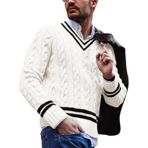 imagechouyatou Mens Casual V Neck Contrast Stripes Cable Knit Pullover Sweater TopsWhite Black