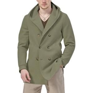 imagechouyatou Mens Hooded Wool Coat Double Breasted Trench Pea Coat Wool Blend Jacket with PocketsArmy Green